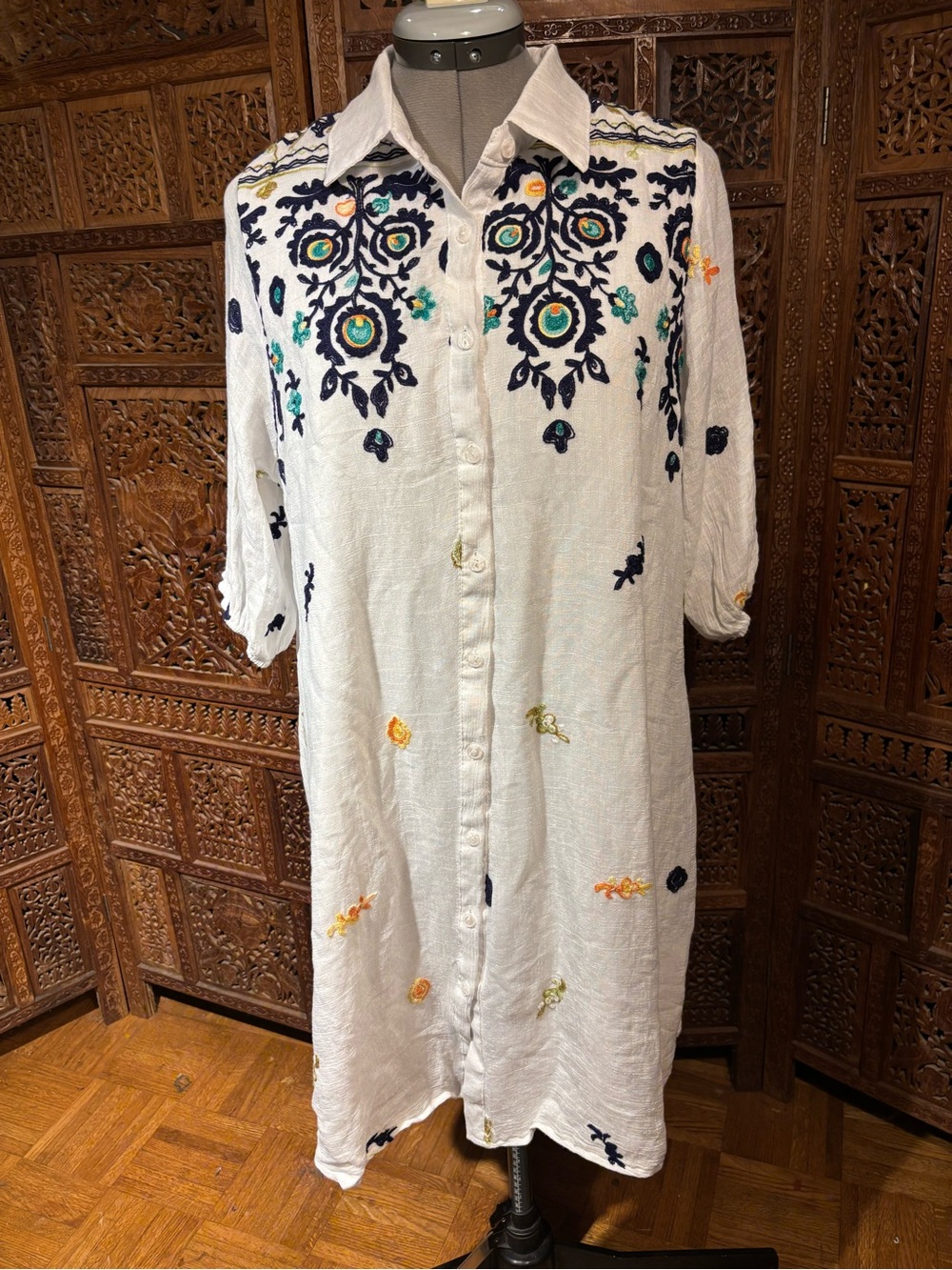 White Embroidered Button-Front Midi Dress